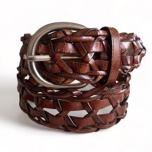 Braided Open Weave Boho Brown Leather Belt Silver Tone Buckle Size S/M